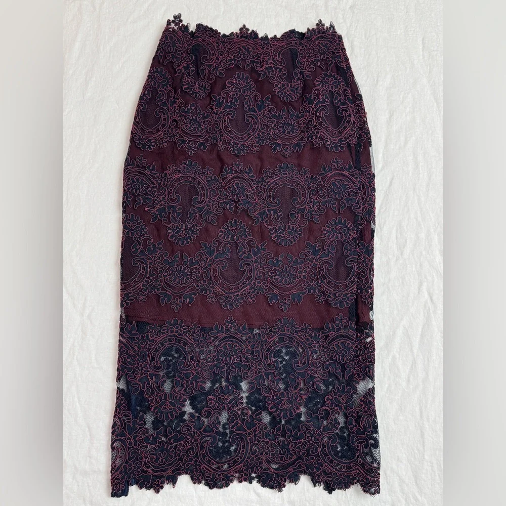Sandro Paris Lace Overlay Burgundy & Blue Midi Pencil Skirt Size 2 Designer